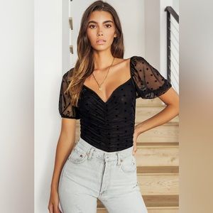 Large - Lulus Darling Style Black Polka Dot Mesh Ruched Puff Sleeve Bodysuit